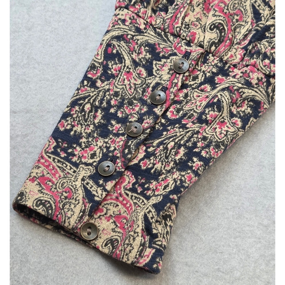 Lucky Brand Paisley Henley Blouse‎ Cotton Modal Size Medium Bohemian Pink Navy - Picture 9 of 11